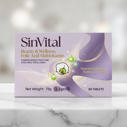 SinVital Beauty & Wellness Folic Acid Multivitamin | Comprehensive Fruit & Vegetable Press Candy – 60 Tablets